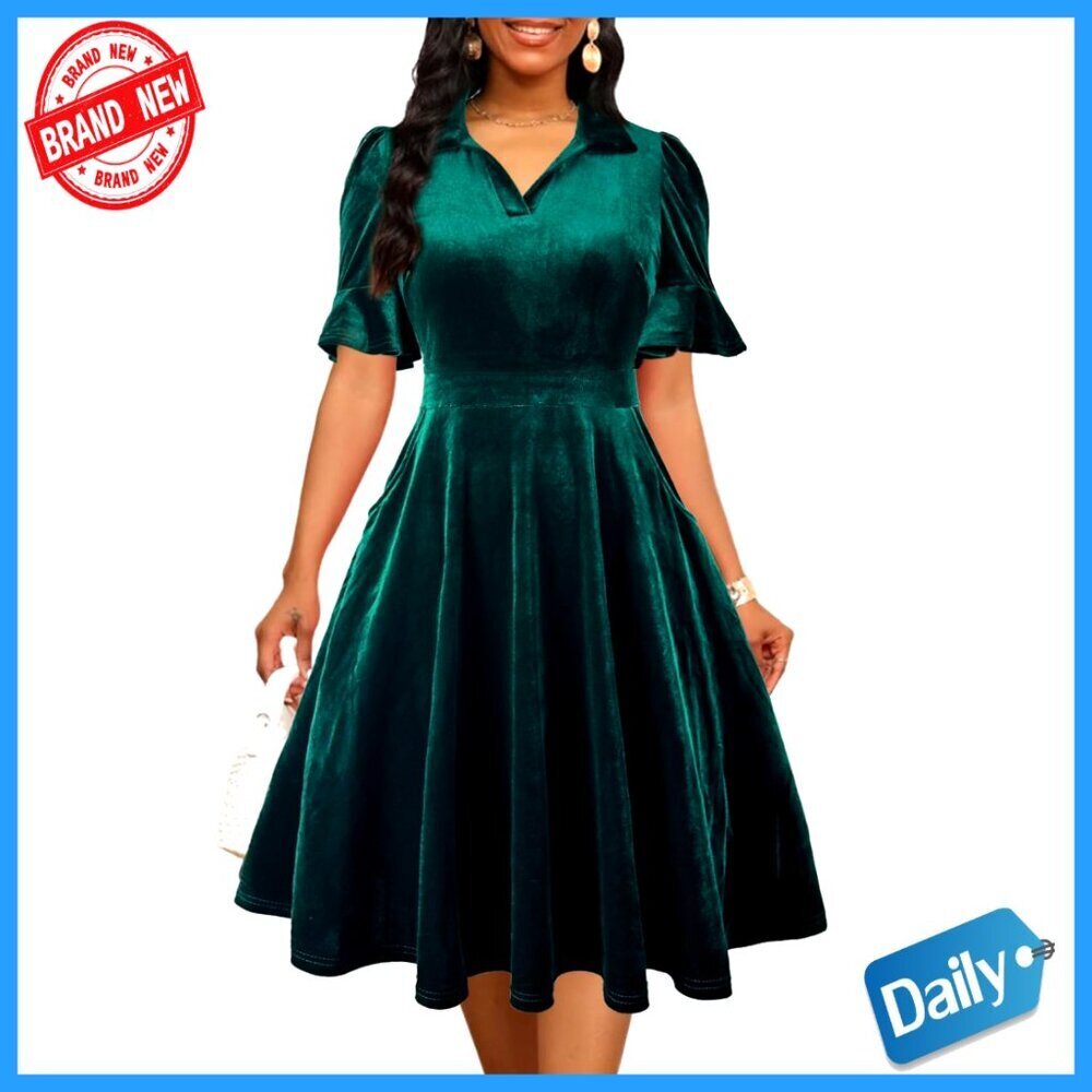 Ruffle Sleeve V-Neck A-Line Dress with Pockets, Fit and Flare